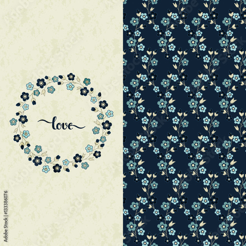 vector set with vector blue pattern with pretty flowers and a card with hand drawn word love in a circle floral frame