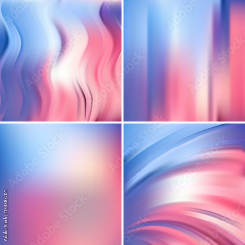 Set of four square backgrounds. Abstract vector illustration of colorful background with blurred light lines. Curved lines. Pink, white, blue colors.
