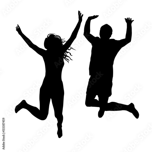 Woman and man silhouettes jumping