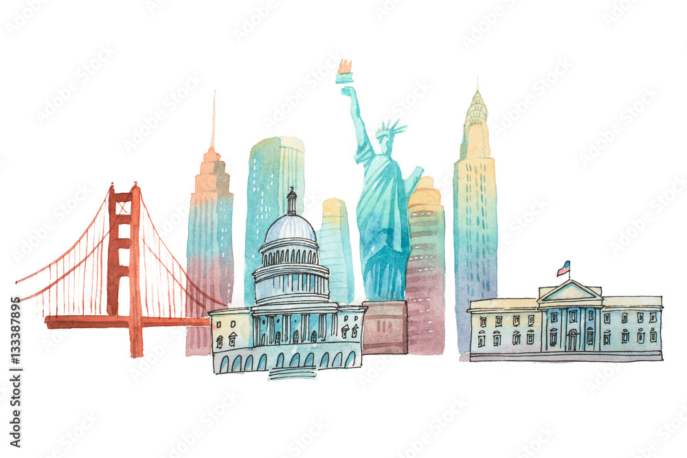 Fototapeta premium Famous American landmarks travel and tourism waercolor illustration