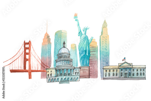 Photo Famous American landmarks travel and tourism waercolor illustration