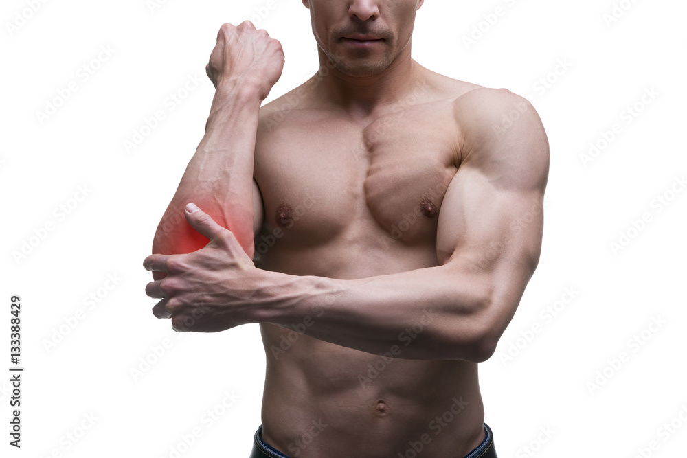 Pain in the elbow, muscular male body, isolated on white background