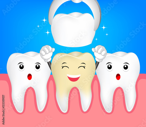 Happy cute tooth character. Dental veneers,  illustration.