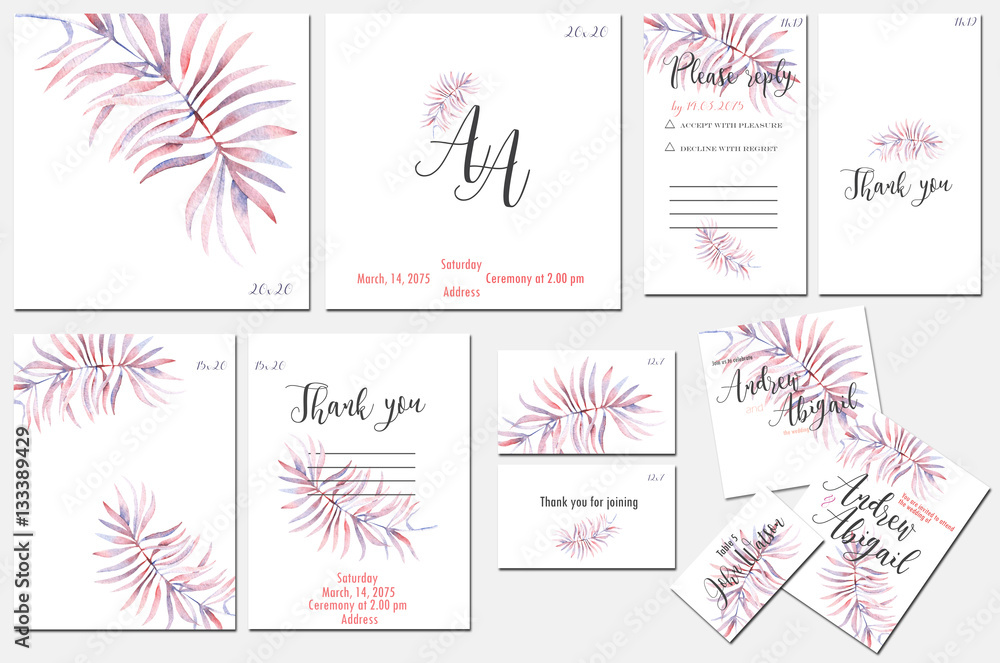 Template cards set with watercolor tender purple branch; wedding design for invitation, number, RSVP, Thank you card, for anniversary day Template cards set with watercolor tender purple branch; wedding design for invitation, number, RSVP, Thank you card, for anniversary day