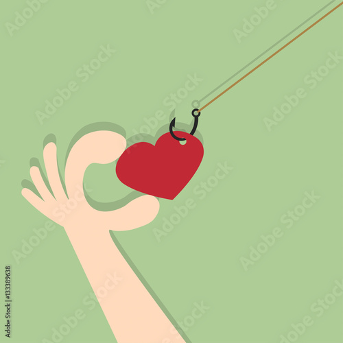On fishing hook hanging heart. People are pulling their hands to