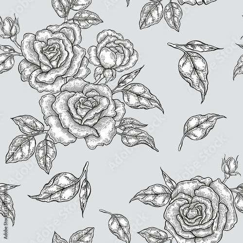 Vintage rose flowers, buds and leaves. Vector seamless pattern.