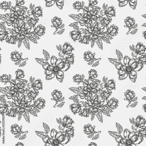 Vintage magnolia flowers, buds and leaves. Vector seamless pattern