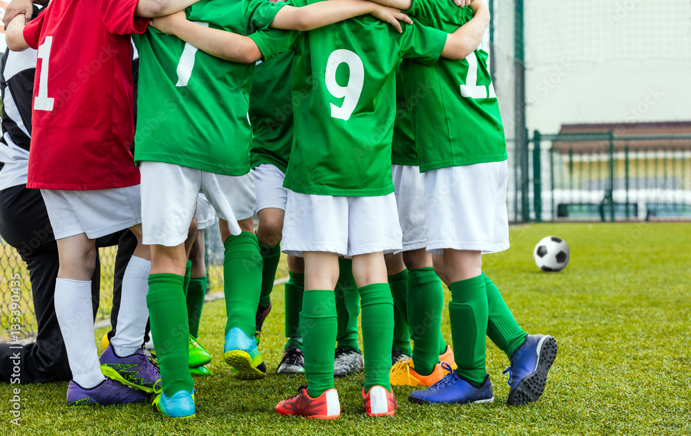 Kids Soccer Team with Coach. Youth Soccer Club. Boys Standing Together