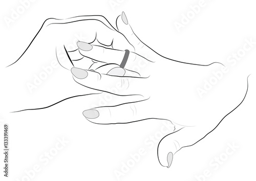 Contour drawing hands, puts a ring on finger girl