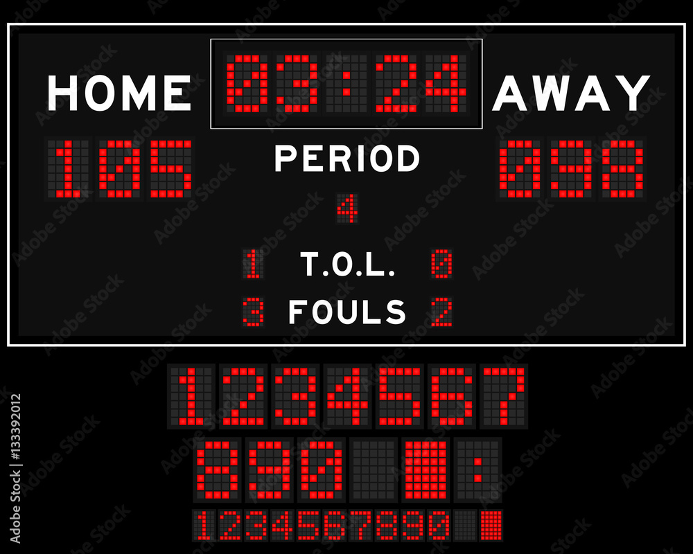 Basketball score board with red square led on black background Basketball score board with red square led on black background