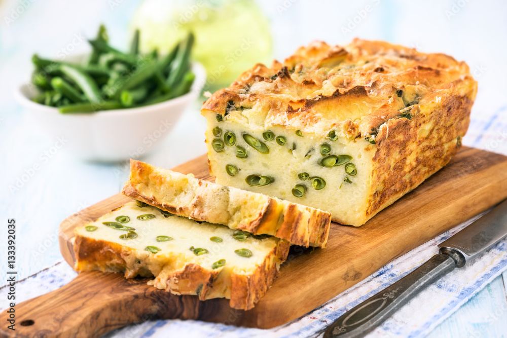 Homemade mashed potato and green beans frittata or baked vegetarian savoury loaf