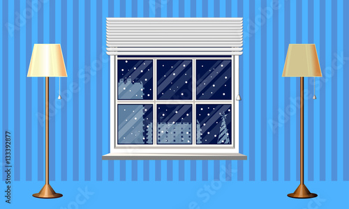 The interior of the room. Night time . Landscape outside the window. Silhouette of a house, tree. Floor lamp. The light is turned on. The lights are turned off . Template for your design.