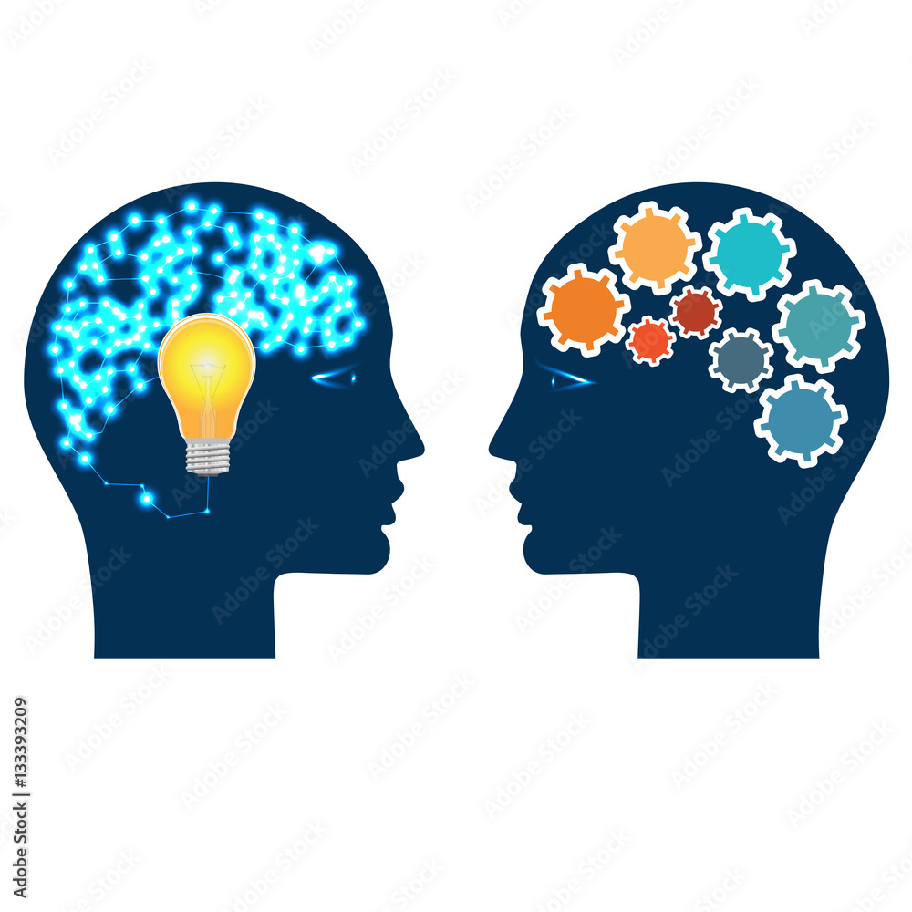 Heads of two people with gears, bulb and abstract brain Heads of two people with gears, bulb and abstract brain