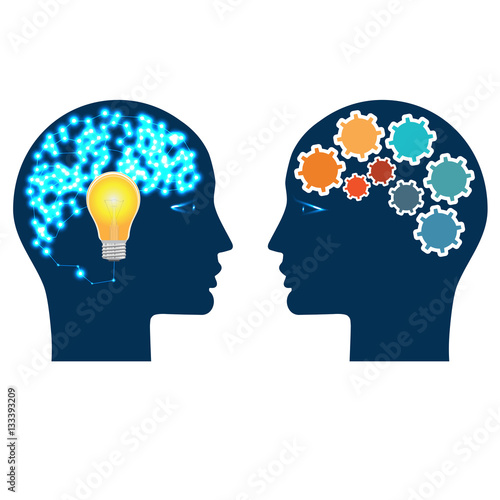 Heads of two people with gears, bulb and abstract brain