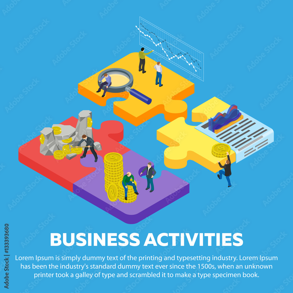 Fototapeta premium Business activities flat 3d isometric banner. Man to mine gold coins. Search for investors. Business planning. Stock quotes. People in different poses at work. 3d puzzle pieces. Vector illustration