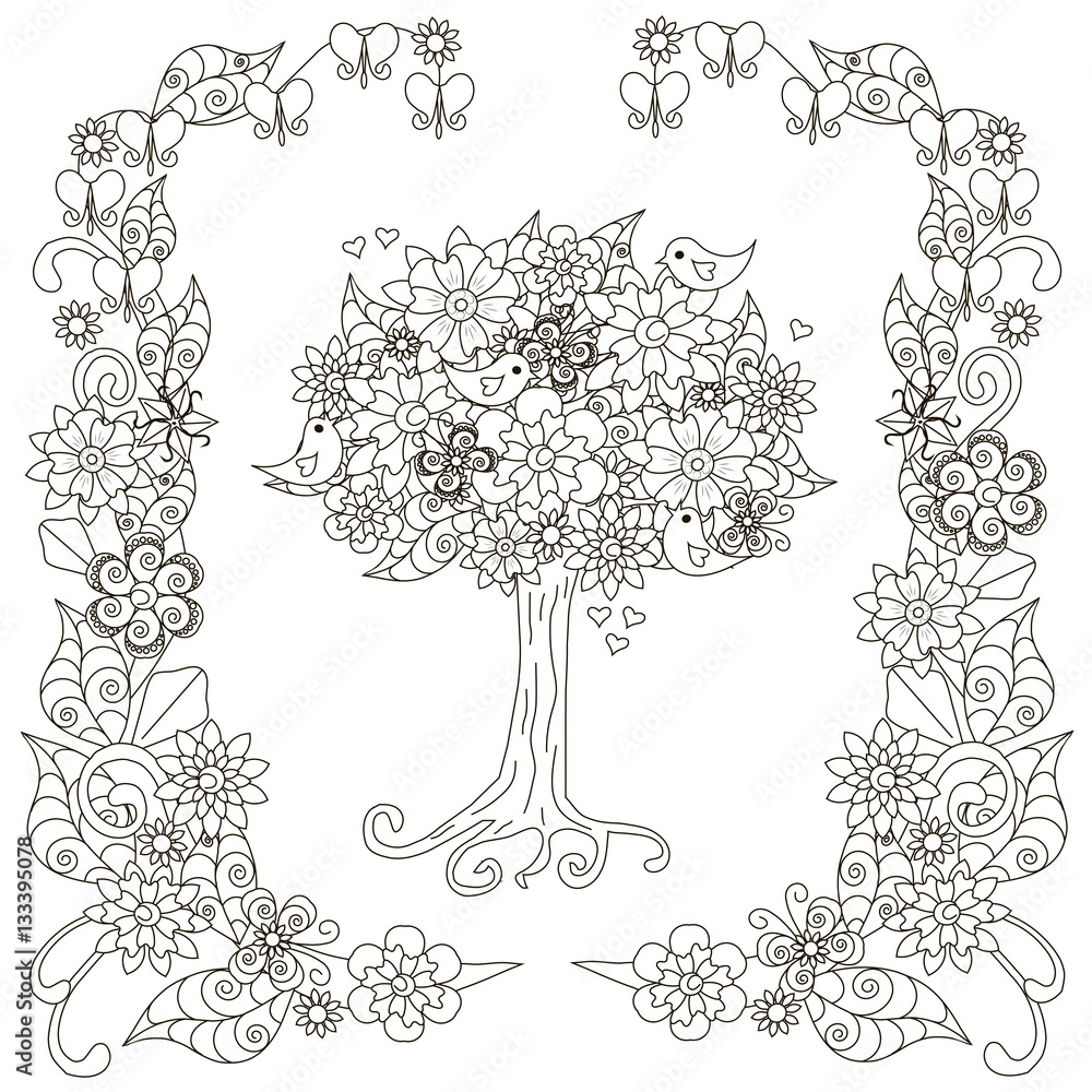 Anti stress blooming tree, birds with hearts, flowering frame hand drawn vector illustration