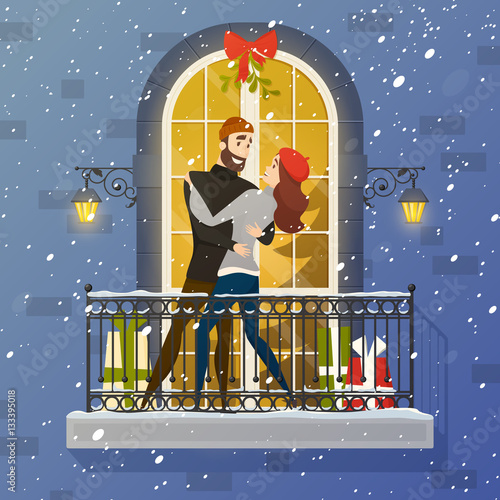 Romantic Balcony Scene Flat Illustration Poster