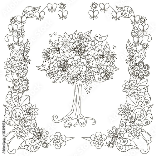 Anti stress blooming tree, birds with hearts, flowering frame hand drawn vector illustration