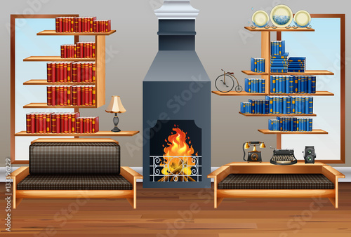 Room with sofa and fireplace