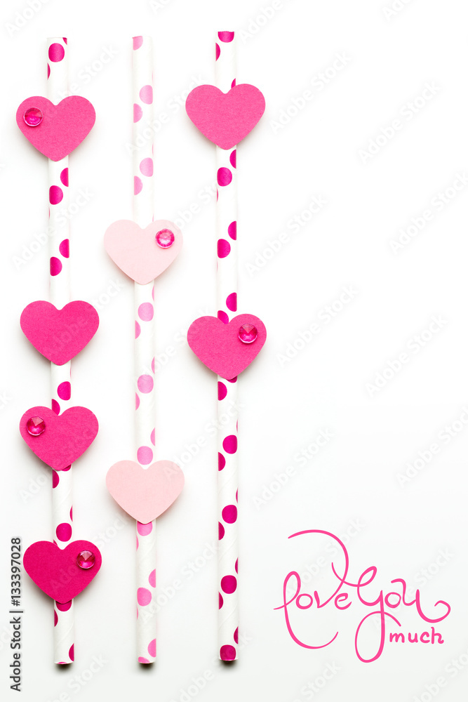 Valentine card / Creative valentines concept photo of hearts made of paper and cocktail straws on white background.