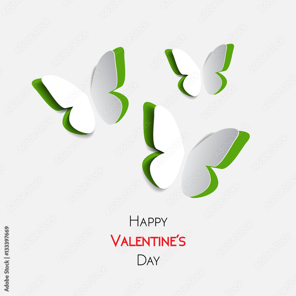 Happy Valentines Day greeting card with paper origami green butterflies