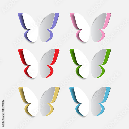 Set of six paper origami colorful butterflies