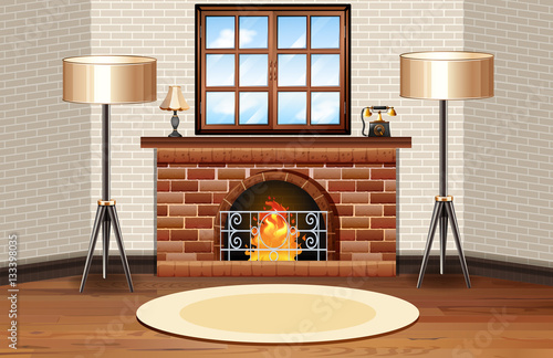 Room scene with fireplace and lamps
