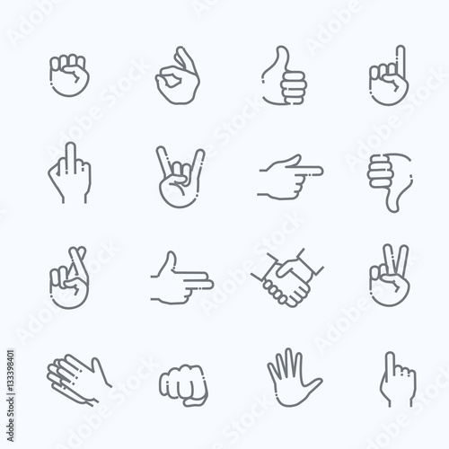 Hand gestures thin line icon set
