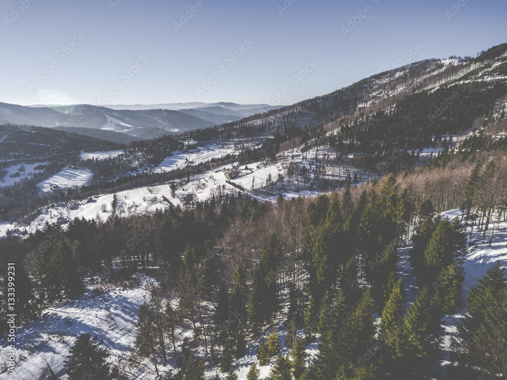 Winter in mountains. View from above. Szczyrk.Poland.