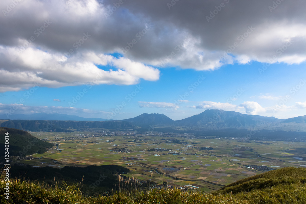 Daikanbo view site at Aso city in Kumamoto, Japan. Daikanbo is view point and able to see Mt. Aso volcano and crater of Aso city. Mt. Aso erupted in 2016.