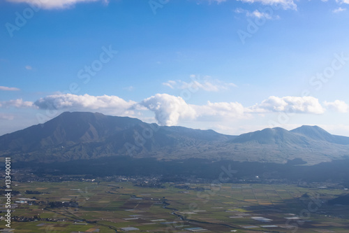 Daikanbo view site at Aso city in Kumamoto, Japan. Daikanbo is view point and able to see Mt. Aso volcano and crater of Aso city. Mt. Aso erupted in 2016.