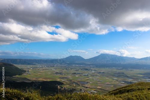 Daikanbo view site at Aso city in Kumamoto, Japan. Daikanbo is view point and able to see Mt. Aso volcano and crater of Aso city. Mt. Aso erupted in 2016.