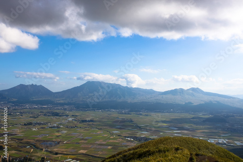 Daikanbo view site at Aso city in Kumamoto, Japan. Daikanbo is view point and able to see Mt. Aso volcano and crater of Aso city. Mt. Aso erupted in 2016.