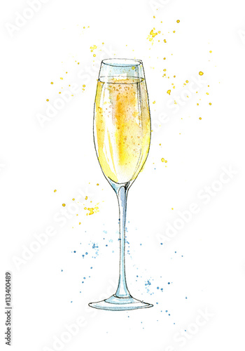 Glass of a champagne.Picture of a alcoholic drink.Watercolor hand drawn illustration.