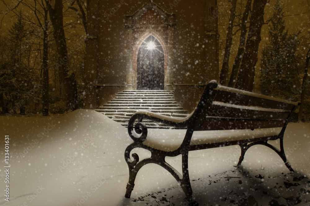 Winternacht im Schnee auf dem Friedhof, Altenburg, Deutschland
