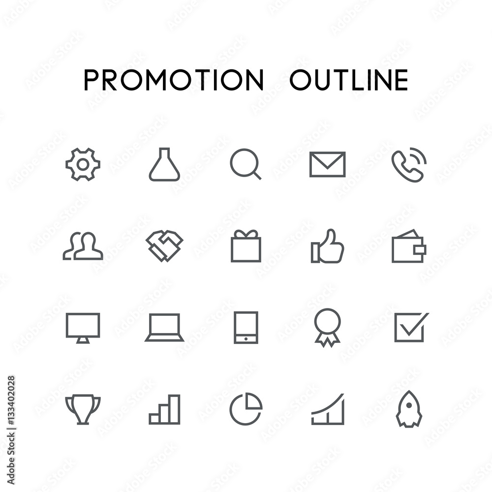 Promotion outline icon set - pinion, tube, search, envelope, telephone, clients, handshake, gift, wallet, mobile phone, check mark, rocket and others simple vector symbols. Business and success signs.