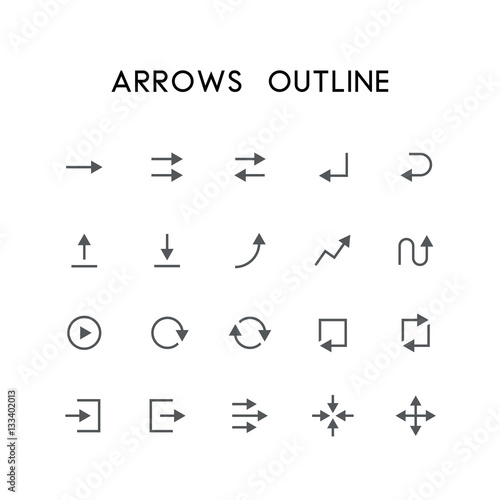 Arrow outline icon set - different arrows, enter, back, upload, download, graph, refresh, log in, log out, zoom, move and others simple vector symbols. Website and design signs.