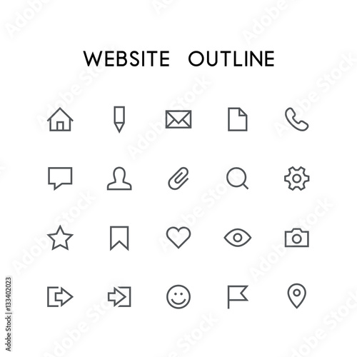 Website outline icon set - home, pencil, document, phone, chat, mail, man, search, gear, star, bookmark, heart, eye, photo and others simple vector symbols. Internet and social network signs.