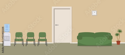 Waiting hall in a beige color. Corridor. There are green chairs, a water cooler, a sofa near the door in the picture. Vector flat illustration.