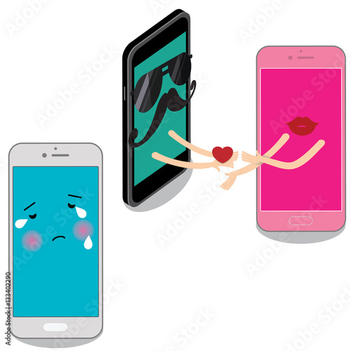 Smart phone man delivers a heart to pink cell.