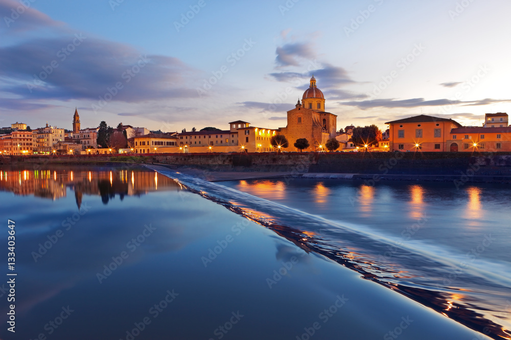 By night beautiful view of Arno river with Archdiocesan Seminary bell tower, Firenze, Tuscany, Italy - obrazy, fototapety, plakaty 