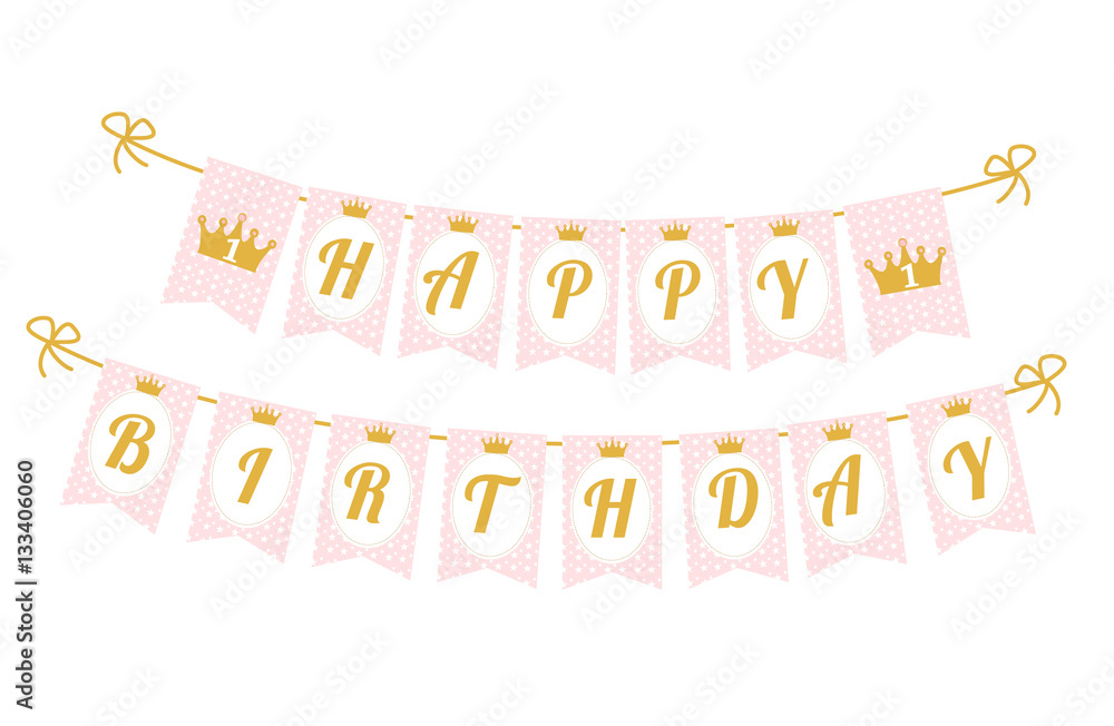 printable template flags cute pennant banner as flags with letters happy birthday in princess style baby pattern pink and gold design elements royal style with a crown for little girl party stock
