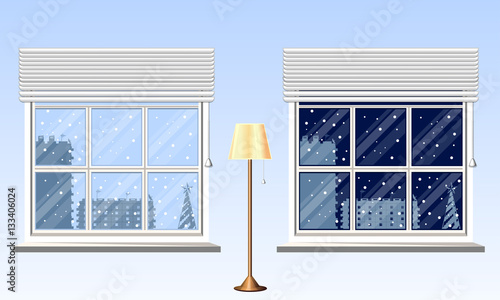 Time of day  evening  night. View outside the window. Interior  design and layout. Template for your design. Floor lamp. Vector illustration .