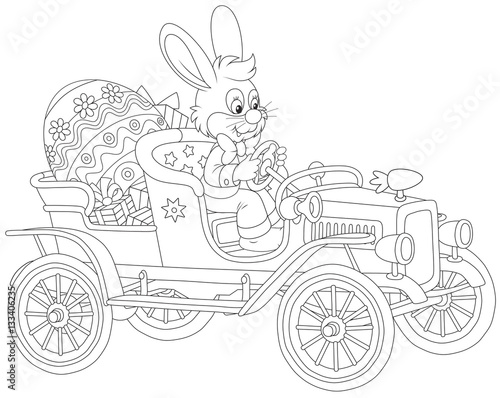Easter Bunny driving his retro car with a big painted egg and gifts