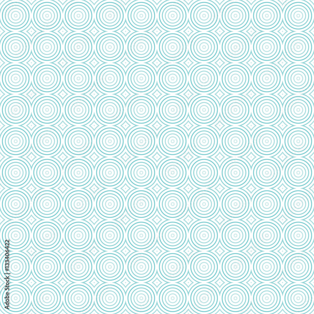 Seamless geometric pattern of concentric circles. Shades of light blue. Transparent background. 