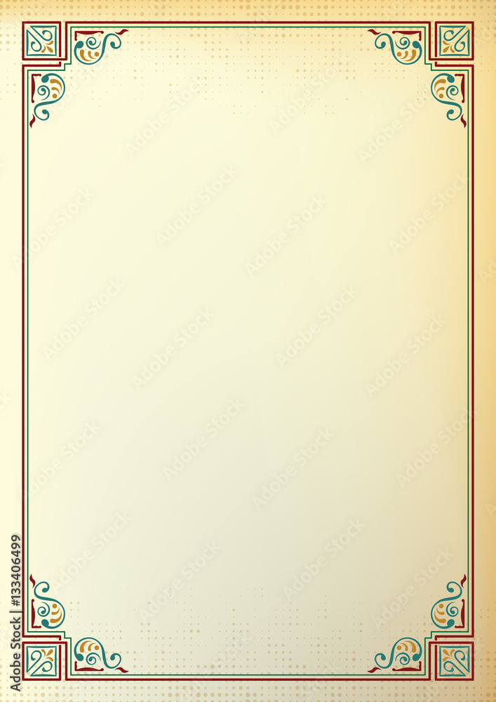Ornate rectangular frame, color background. Page decoration, corners. A4  page proportions. Stock Vector | Adobe Stock