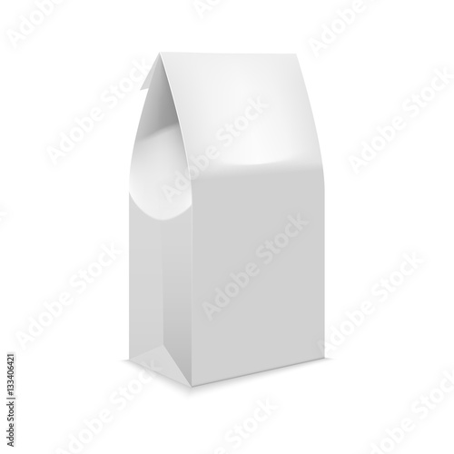 Blank white paper package, empty template, realistic vector, isolated on white