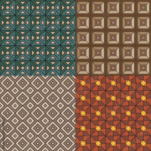 Set of seamless geometric patterns. Green and brown shades. Tiles, parquet.