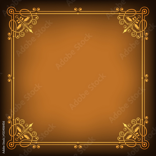 Ornate square golden frame on dark saturated background. Page decoration, corners. Transparency effects applied. 