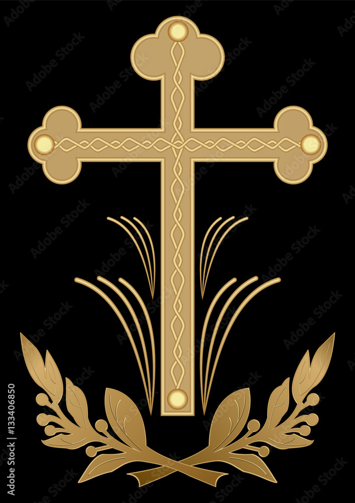 Luxurious funereal decoration, golden cross with flourish motif on black background. Christian burial symbol.